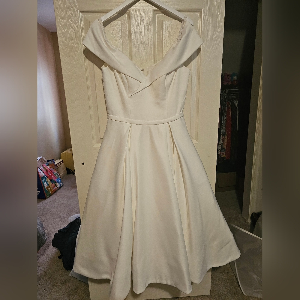 Terani Couture Ivory Off the Shoulder Tee Length READ